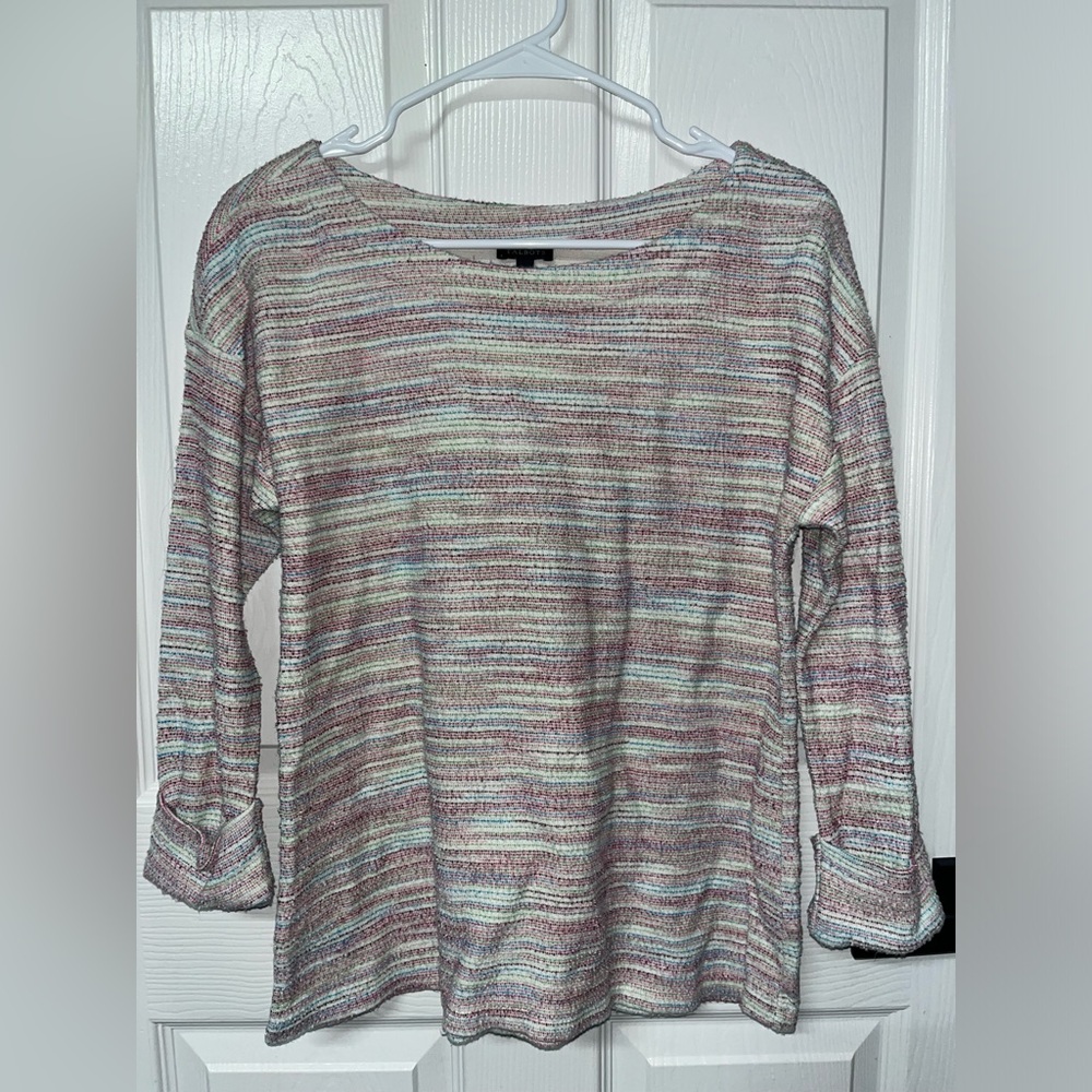 Talbots Striped Rainbow Slub Knit Sweater Womens small Textured 3/4 Sleeve Cuff